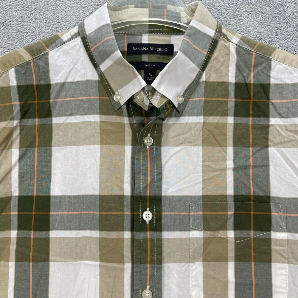 Banana Republic Button Down Mens Medium Green Plaid Slim Fit Long Sleeve Cotton